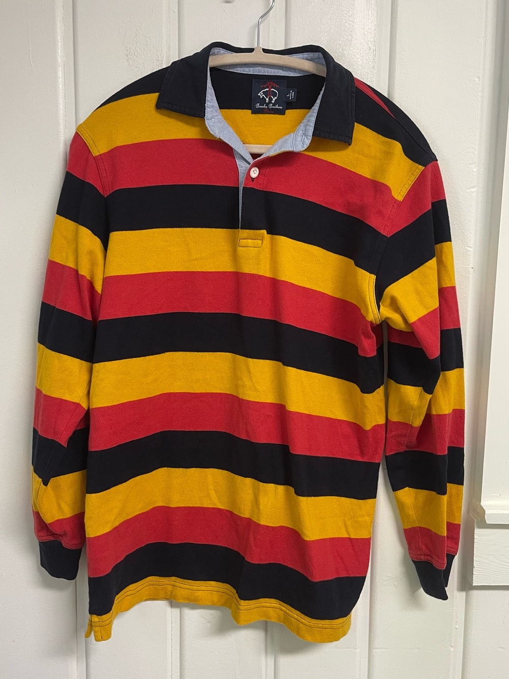 Brooks Brothers Red Fleece 1818 Rugby Shirt Men’s L Red Yellow Navy Striped 100%